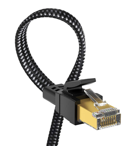 Cat 8 Ethernet Cable 15 Ft, 26AWG Nylon Braided High Speed Heavy Duty Cat8 Network LAN Patch Cord, 40Gbps 2000Mhz SFTP RJ45 Flat Cable Shielded in Wall, Indoor&Outdoor for Modem/Router/Gaming/Pc