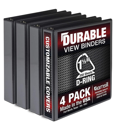 Durable 1.5 Inch Binder Made in the USA, D Ring Customizable Clear View Binder, Pack of 4